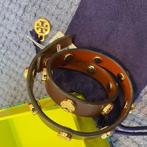 Tory Burch Double Wrap Logo Stud Leather Bracelet